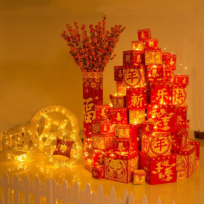 春節新年裝飾品商場場景布置擺件鞭炮桃花樹坐炮金元寶禮盒堆頭-tmall.com天貓